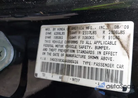 2010 Honda Accord 2.4 Lx-S z USA, uszkodzony, nr VIN 1HGCS1B34AA000424